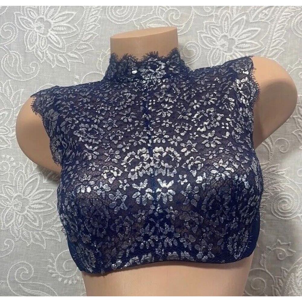 Victoria’s Secret High Neck Bra Unlined Dream Angels 32D Blue & Silver Metallic